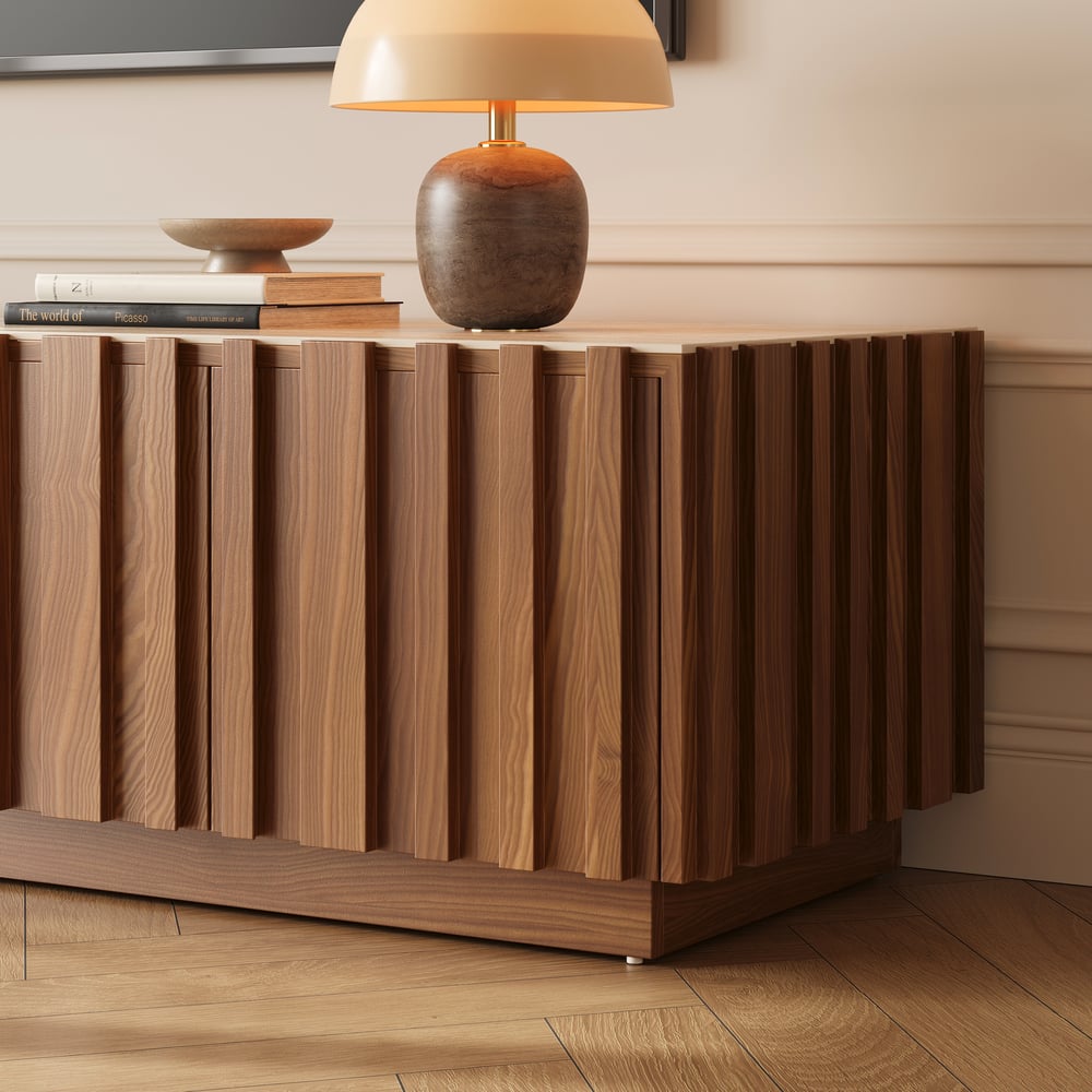 Aura 80" Ash Wood Fluted Walnut Projector TV Stand with Sintered Stone Top window image
