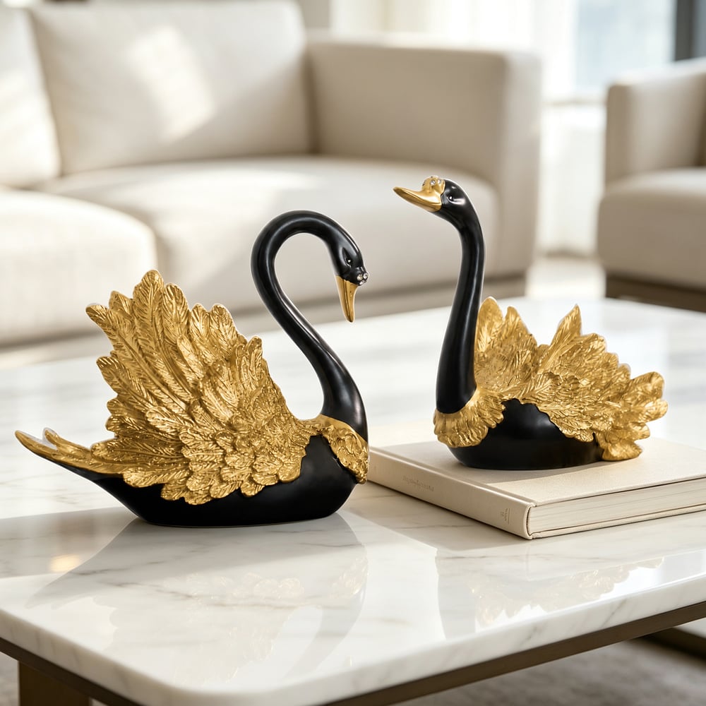 2-Piece Resin Swan Figurines, Black & Gold Decorative Storage Set window image