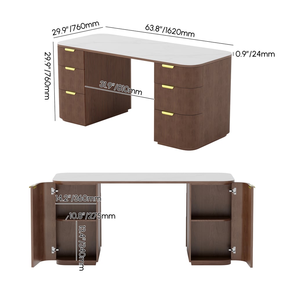 Bureau rectangulaire en noyer, frêne et pierre frittée avec 6 tiroirs (1620mm) Poids, dimensions, image