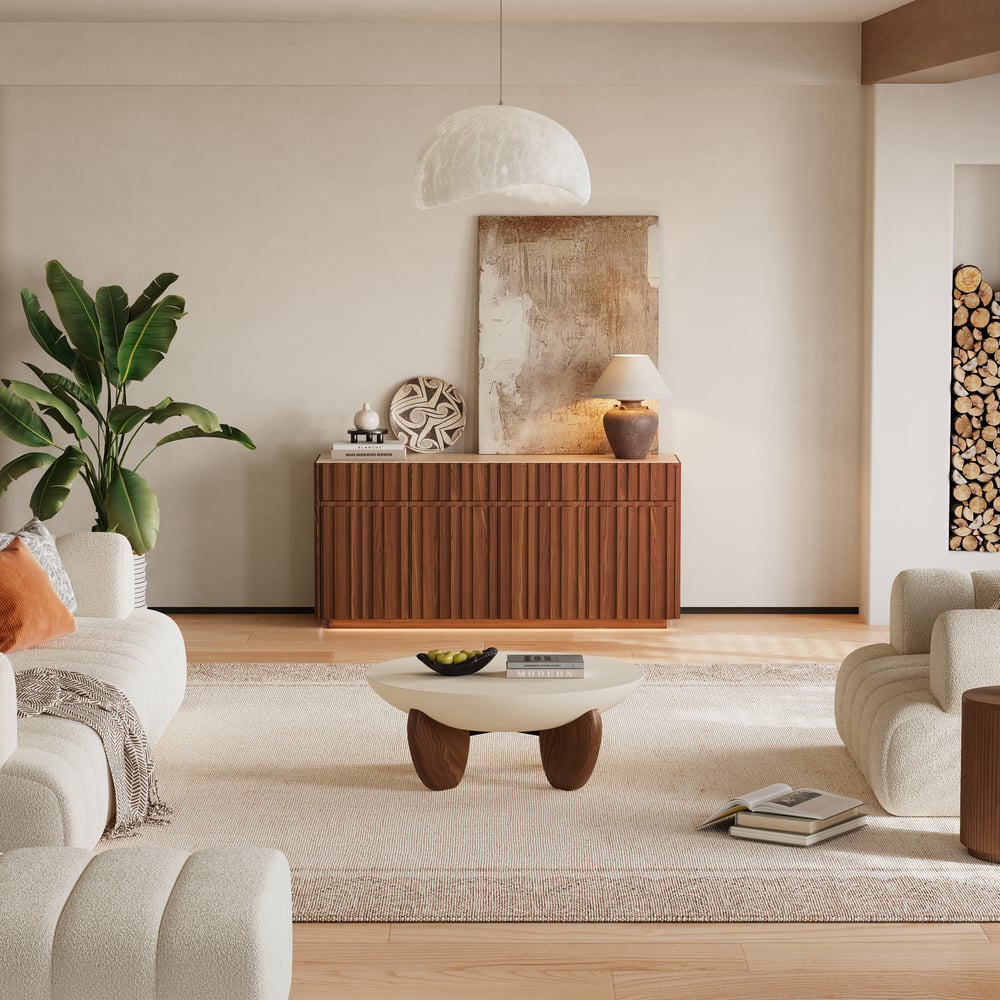 Aura 65" Ash Wood Slatted Walnut TV Stand with Sintered Stone Top window image