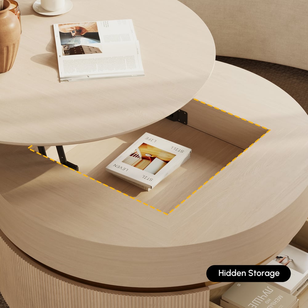 Table basse ronde à plateau relevable cannelé de 32 pouces avec 2 tiroirs image de fenêtre