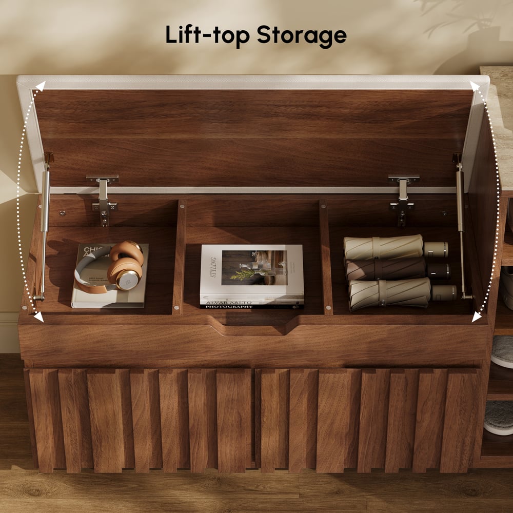 Banc de rangement à chaussures Aura 47" en bois de noyer avec armoire sur le côté droit pour entrée image de fenêtre