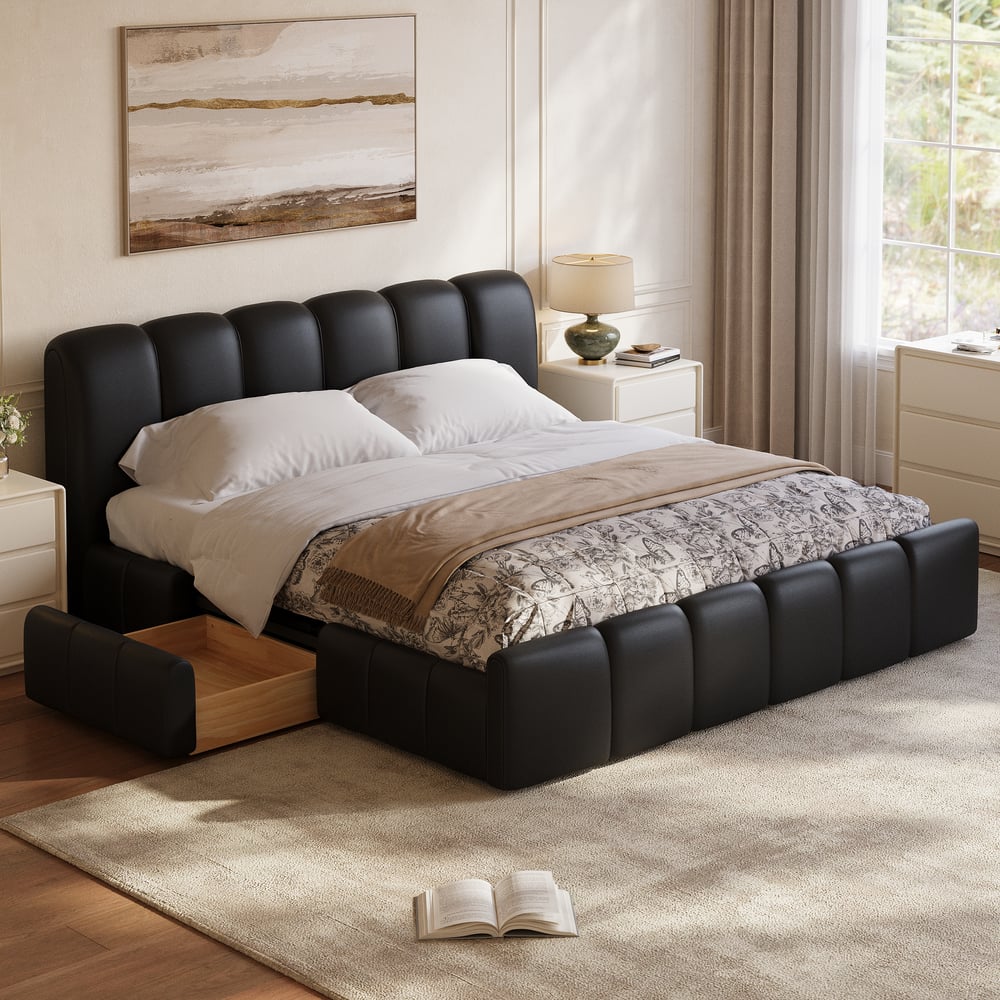 Humply Queen Black Faux Leather Storage Bed with Drawers window image