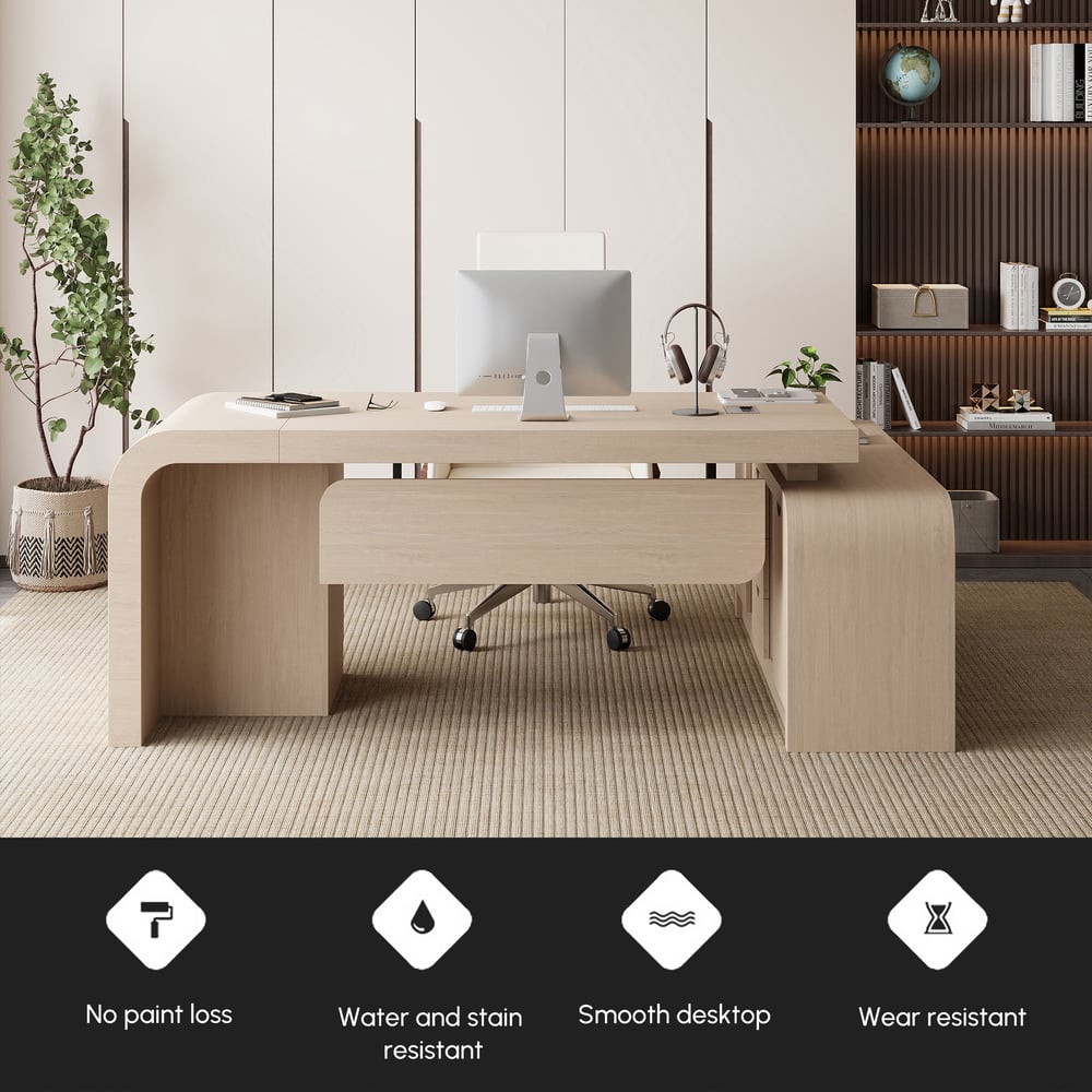 70.9" Whitewash L-shaped Executive Desk Left Hand & Reclining Leather Office Chair window image