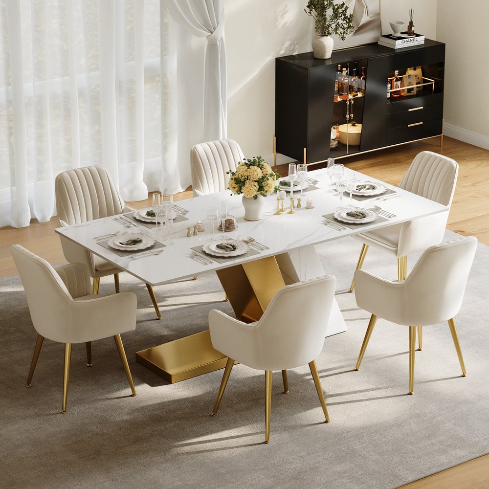Dining Set 79" Modern Rectangle Sintered Stone Dining Table with 6 Chairs window image