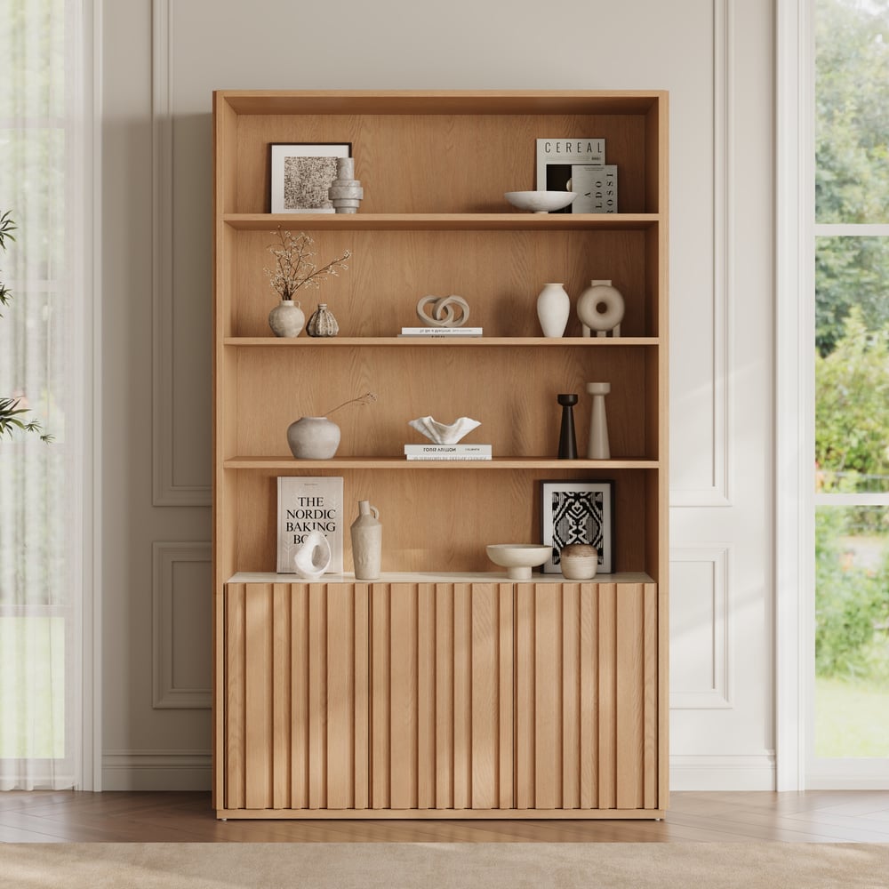 Aura 120cm Boekenkast van Essenhout met Gegroefde Details en Blad van Sintersteen Vensterafbeelding