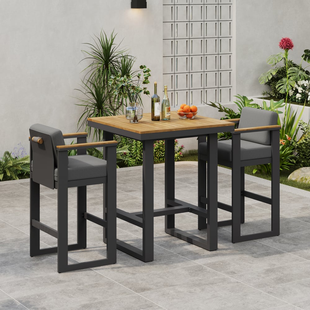 Tevara Outdoor Square Bar Table with Teak Wood Slat Top & Aluminium Frame in Dark Grey window image
