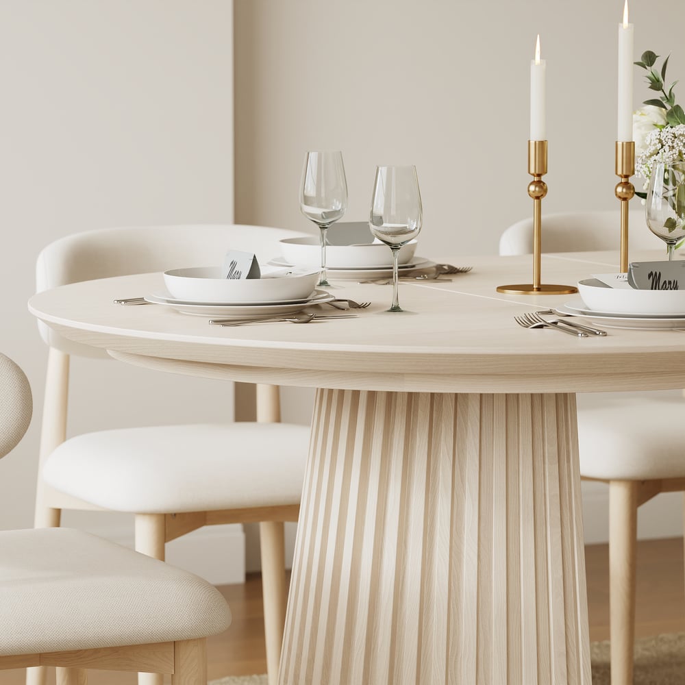 Modern 47"-79" Extendable Whitewash Wood Dining Table with Fluted Base, Seats 4-6 window image