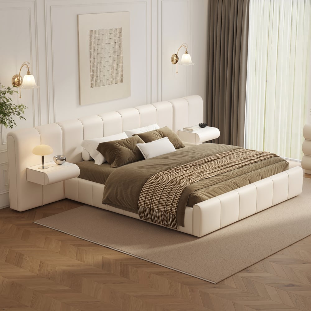 Humply King Size Upholstered Bed with Wide Headboard & Floating Smart Nightstand Set window image