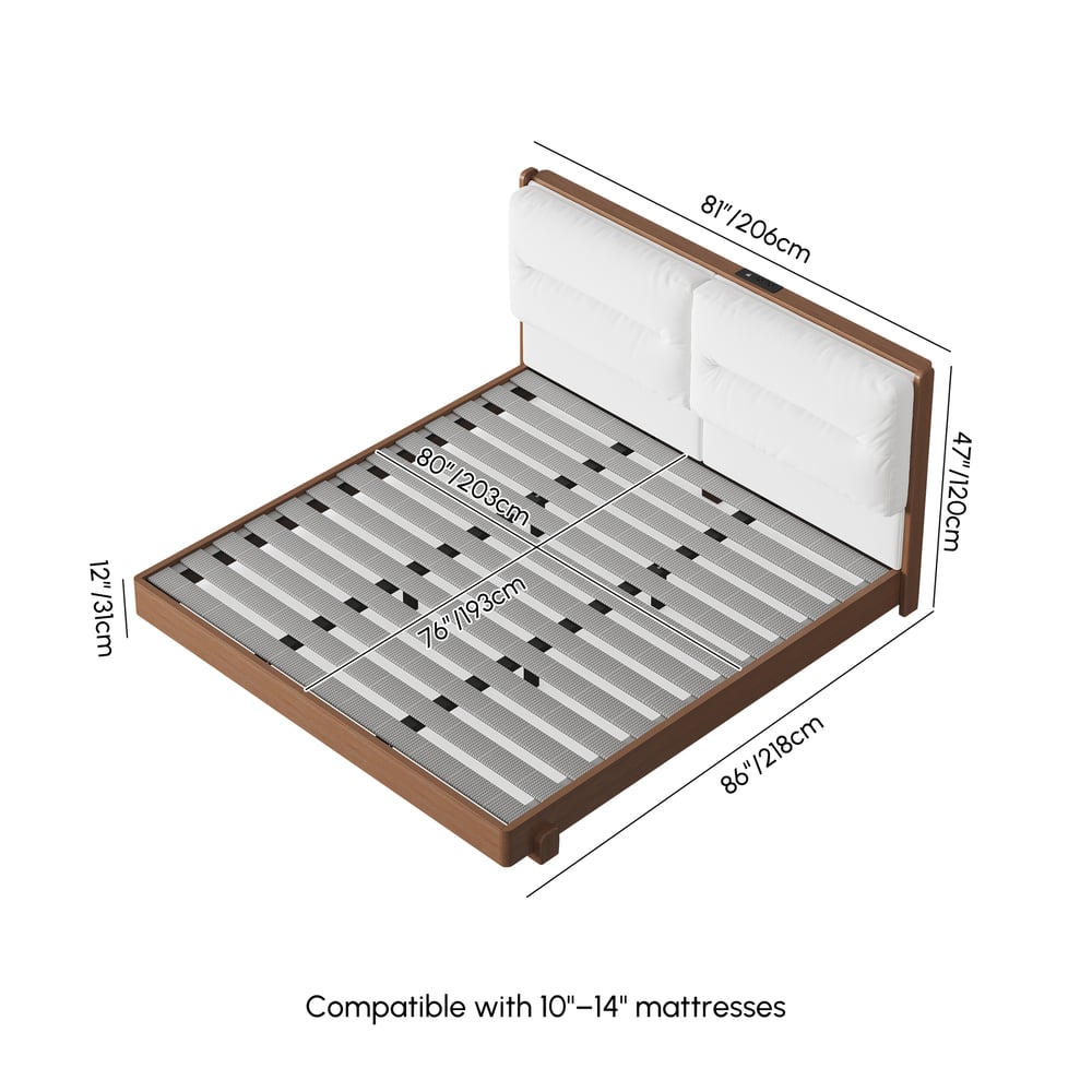 Mid-Century Modern King Solid Wood Bed with Charging Station and Sensor LED weights dimensions image