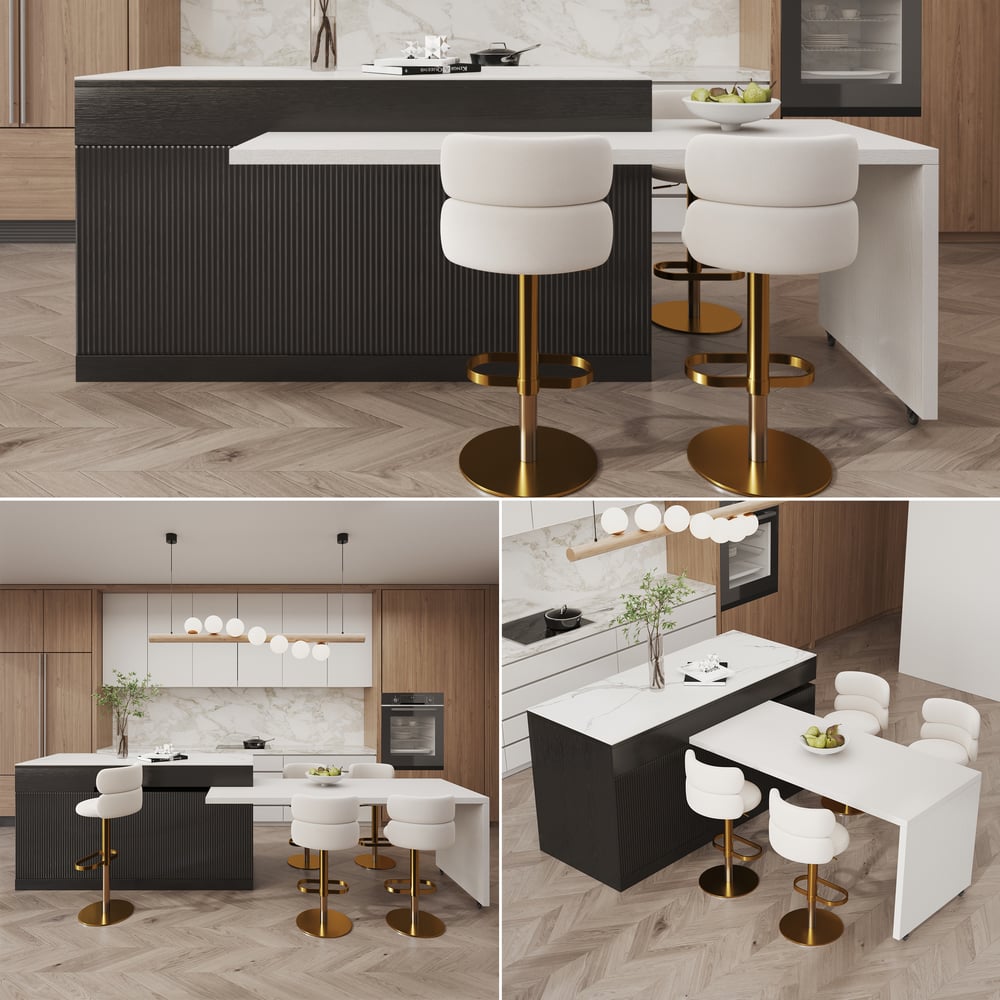 Îlot de cuisine extensible en pierre frittée de 205 à 270 cm avec portes et tiroirs, noir et blanc image de fenêtre