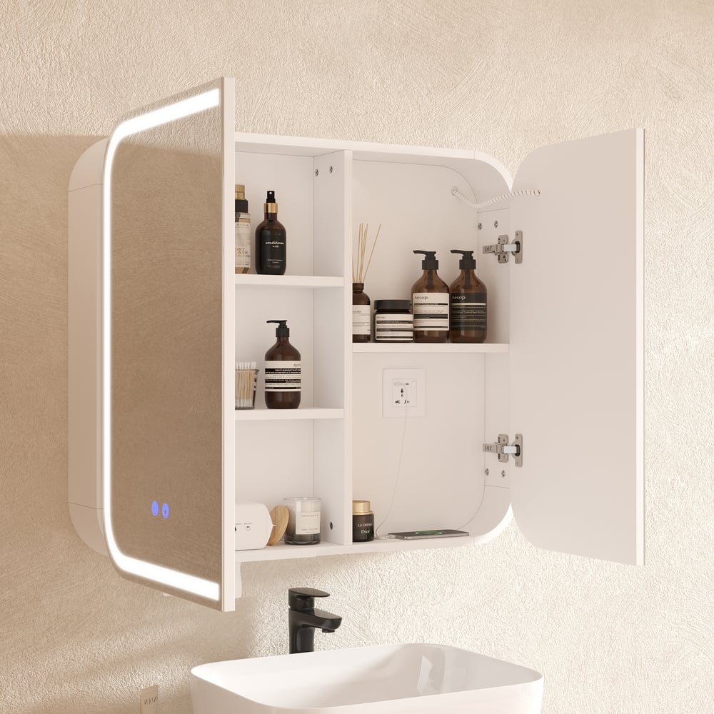 31" LED Bathroom Mirror Cabinet with Defogger, 3-Color Light, Tissue Slot window image