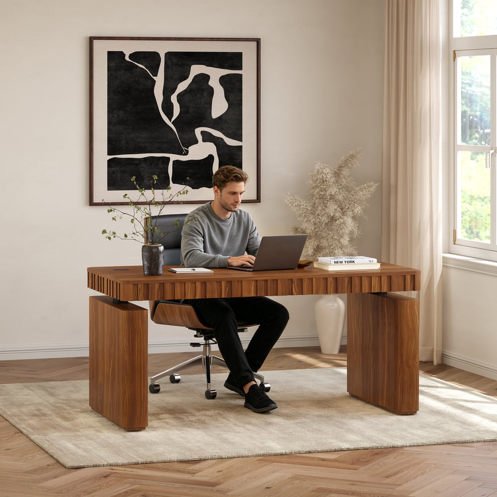 Aura 63" Walnut Fluted Electric Adjustable Standing Desk window image