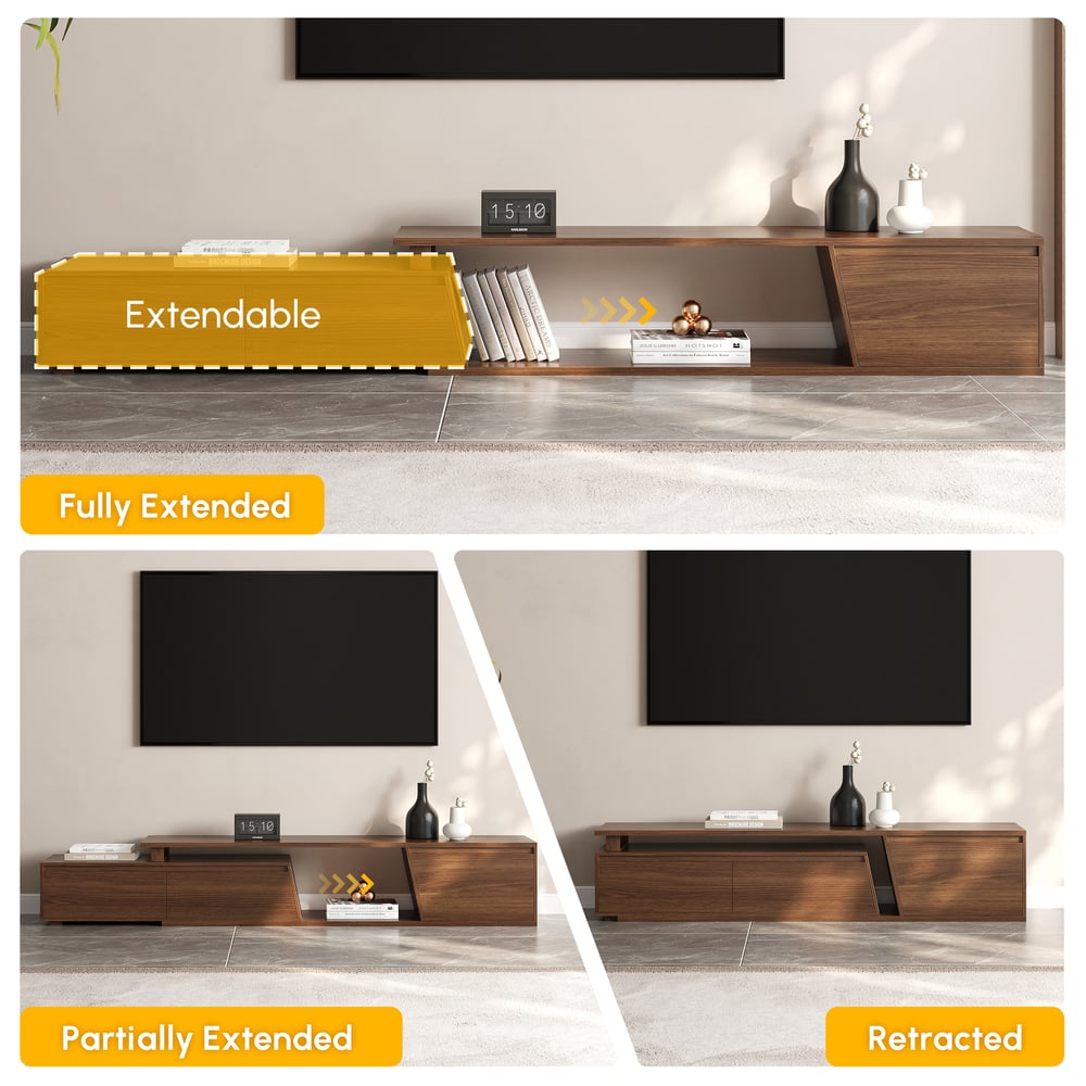 Ensemble meuble TV Fero en bois blanc et noyer, meuble TV extensible et table basse rectangulaire image de fenêtre