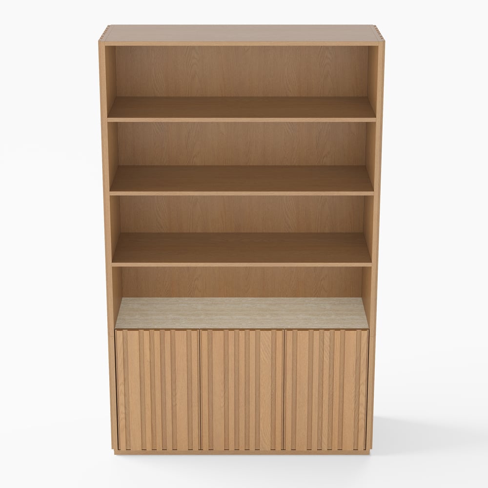 Aura 120cm Boekenkast van Essenhout met Gegroefde Details en Blad van Sintersteen Vensterafbeelding