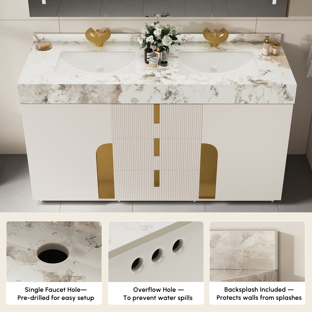 Tocador de baño doble flotante Artis de 60 pulgadas con lavabo, encimera de piedra sinterizada, amplio almacenamiento Imagen de ventana