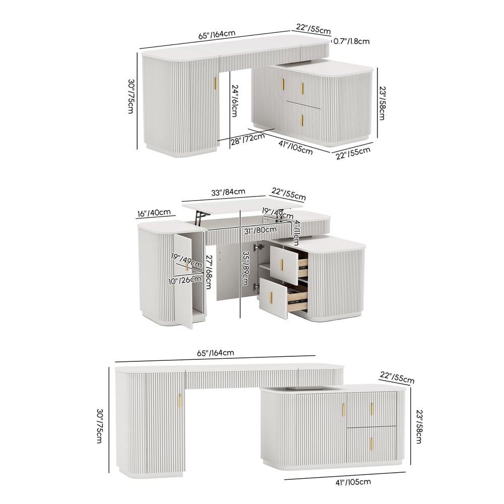 Velign 65" L-Shape White Executive Desk with Right-Side Cabinet weights dimensions image