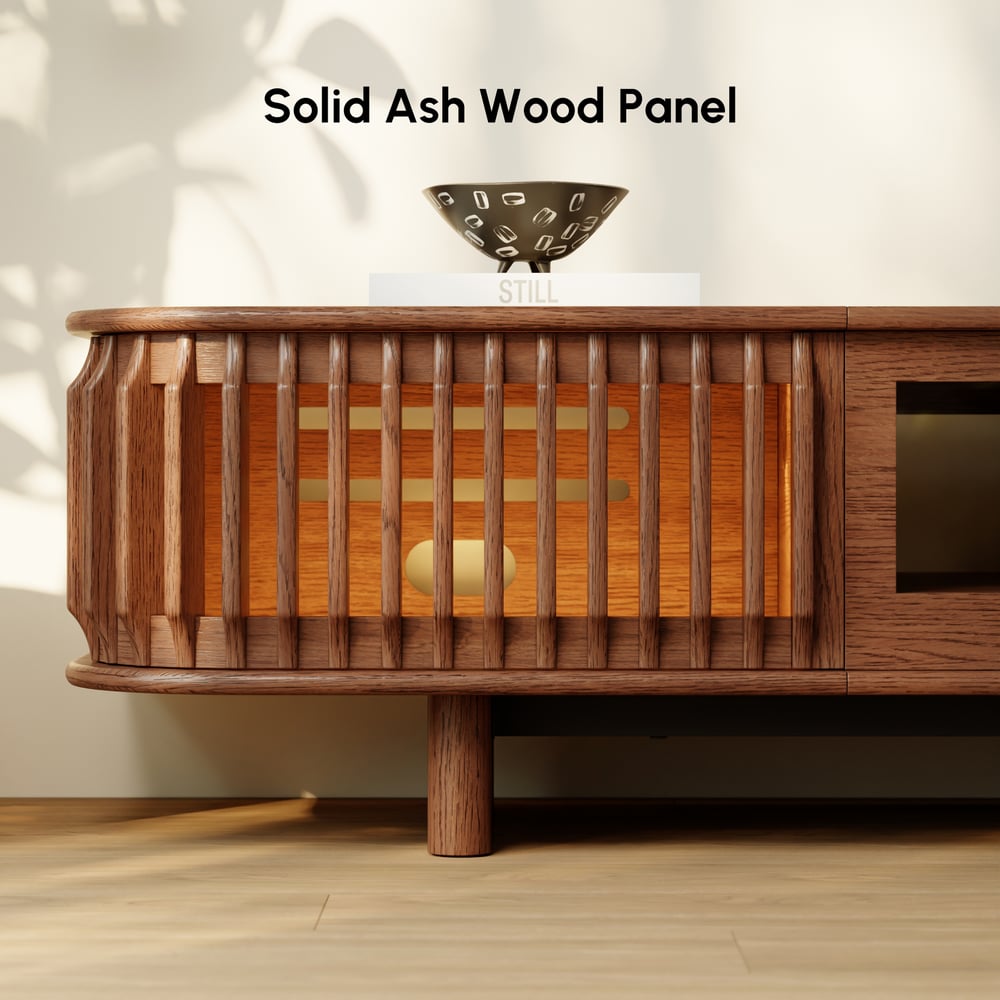 80" Ash Wood Fluted Walnut Projector TV Stand with LED window image