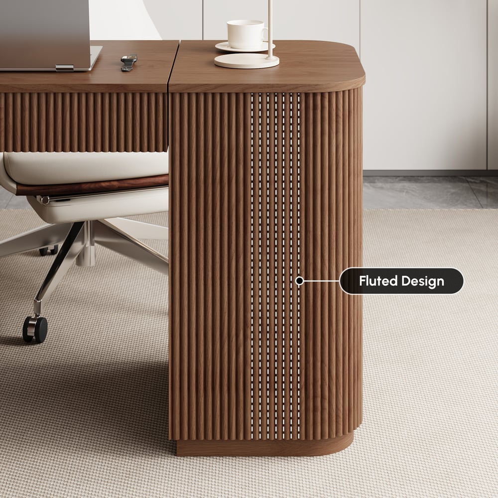 Modern 60" L-Shape Walnut Executive Desk with Drawers & Cabinet Right Hand window image