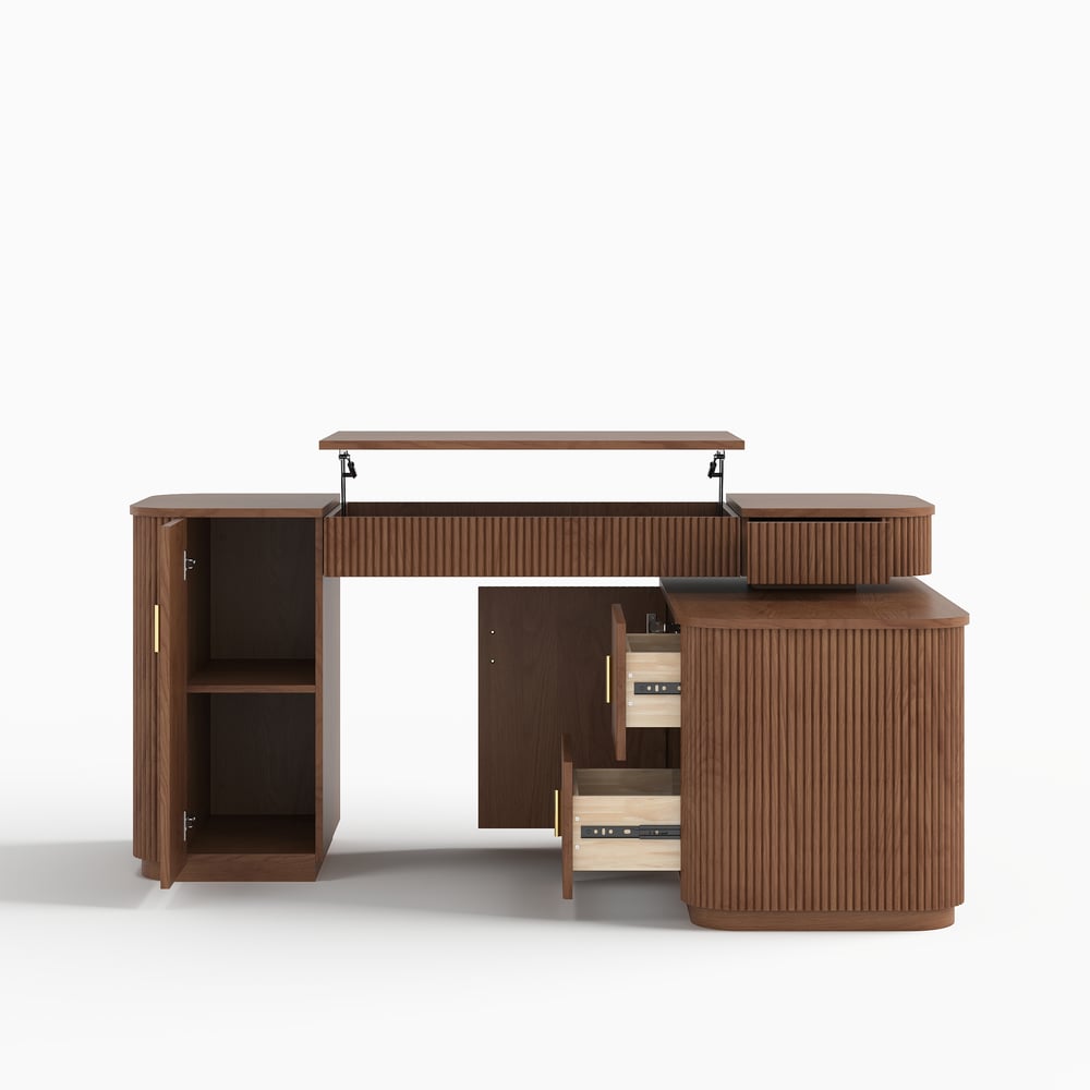 Modern 60" L-Shape Walnut Executive Desk with Drawers & Cabinet Right Hand window image