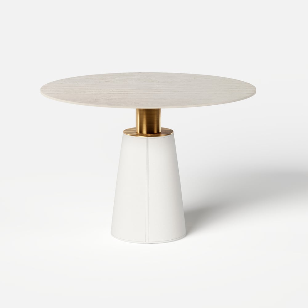 Modern 39" Round Faux Travertine Dining Table with Leather-Wrapped Base, Seats 2 window image