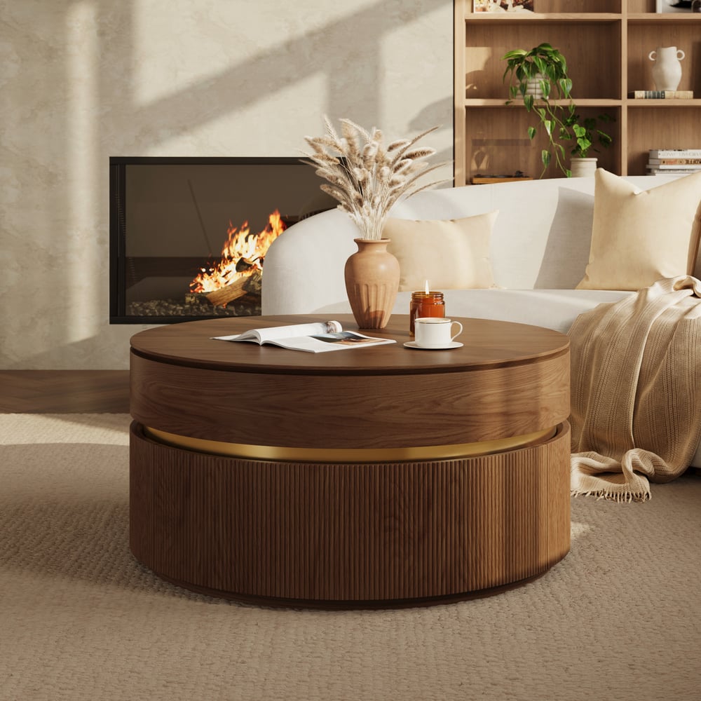 Table basse ronde en noyer à plateau relevable cannelé de 32 pouces avec 2 tiroirs image de fenêtre