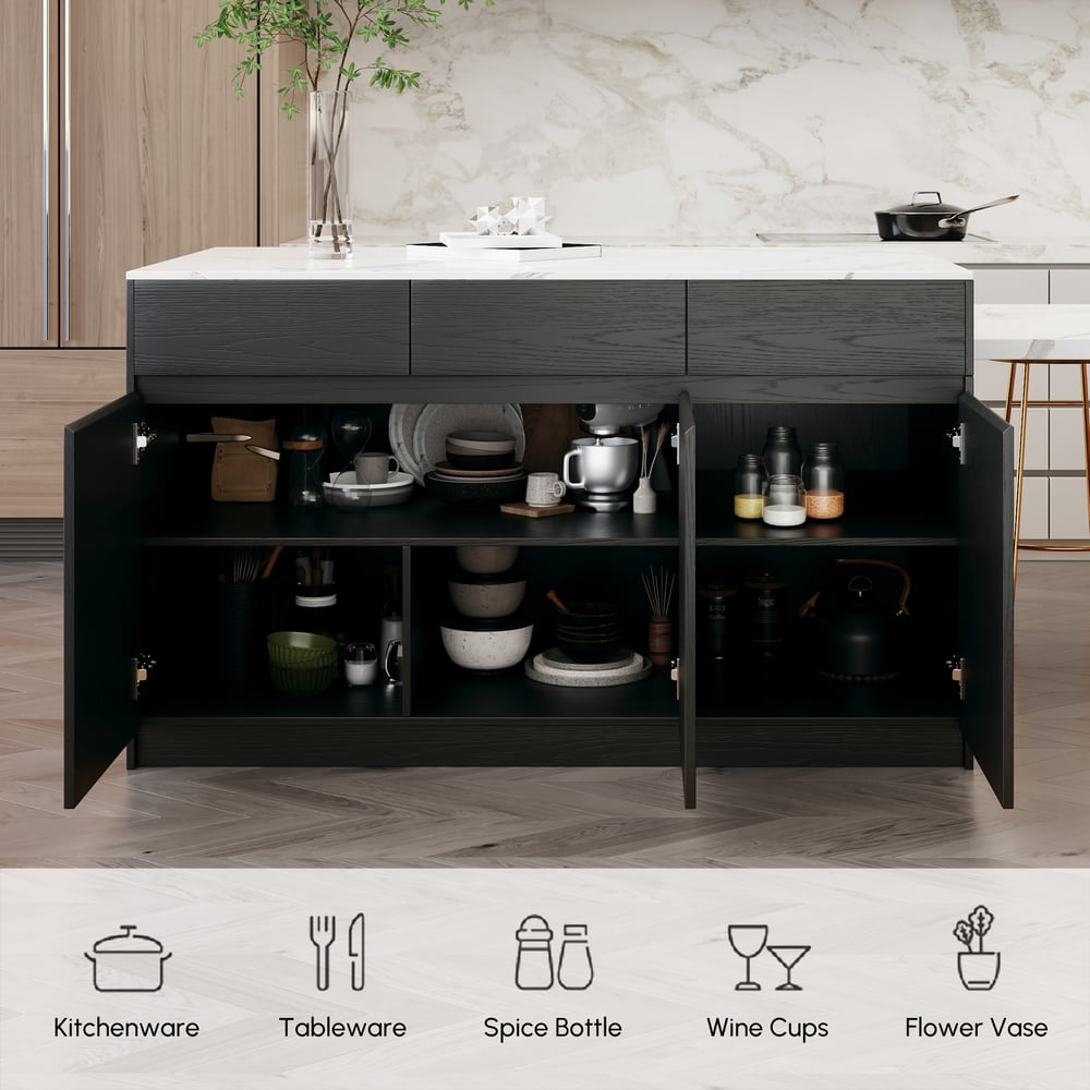 Isla de cocina de madera moderna extensible de 81''-112" con almacenamiento, blanco y negro Imagen de ventana