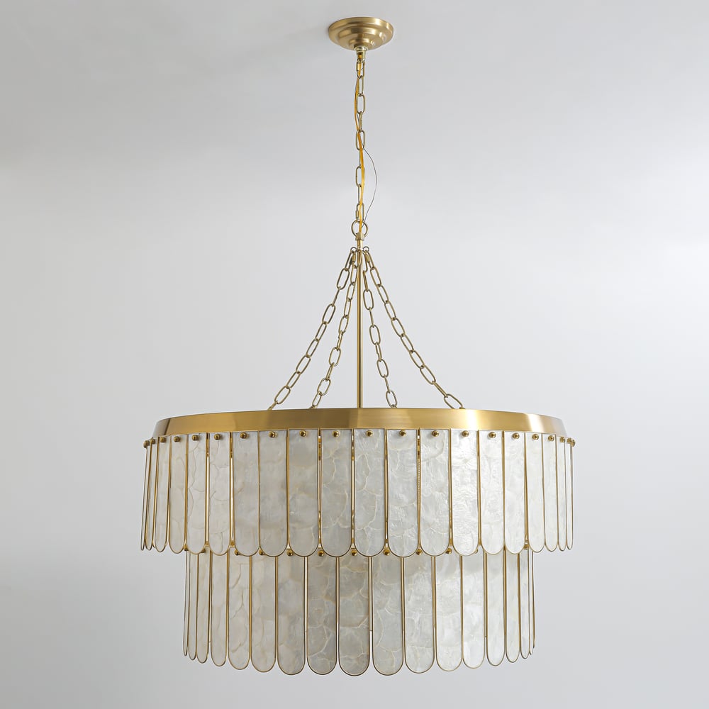 Enseo Coastal 8-Light Capiz Shell 2-Tiered Faceted Chandelier Pendant Light Gold White window image