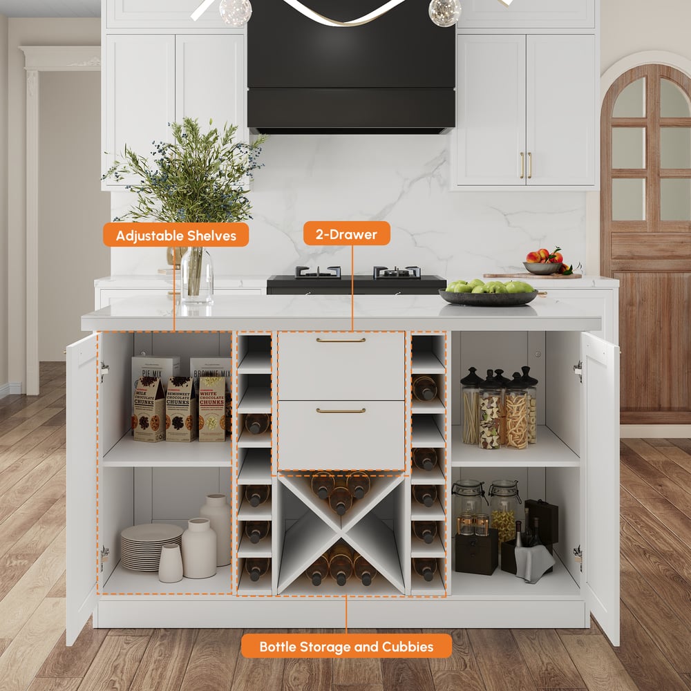 59" Modern White Sintered Stone Kitchen Island with Wine Storage window image
