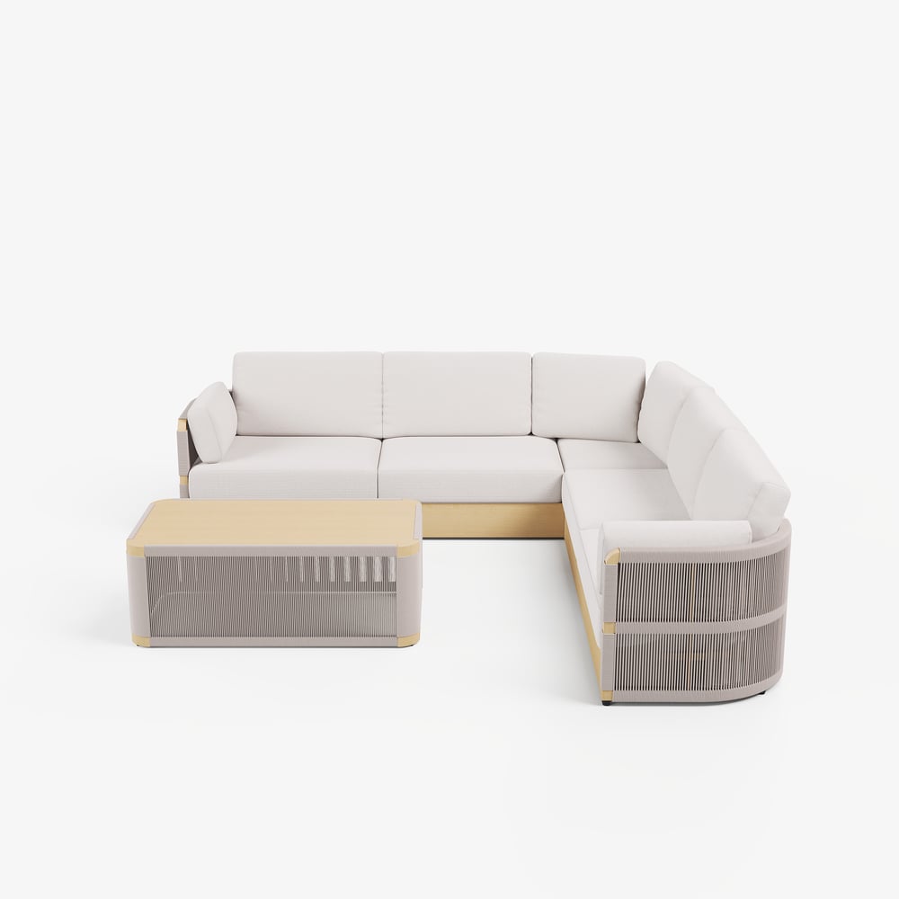 Costra Handwoven Rope L-Shaped Outdoor Sofa with Coffee Table in Ivory window image