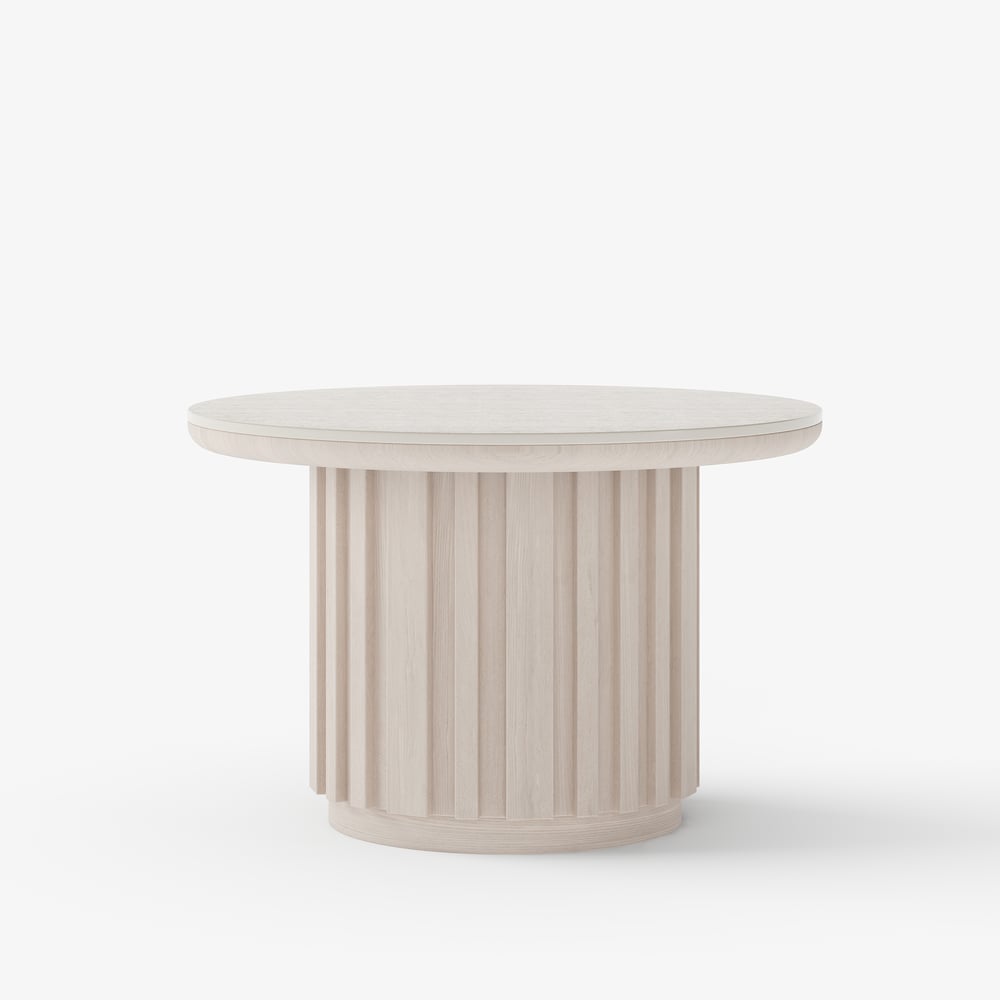 Table basse ronde à lattes en bois de frêne Aura avec plateau en pierre frittée image de fenêtre