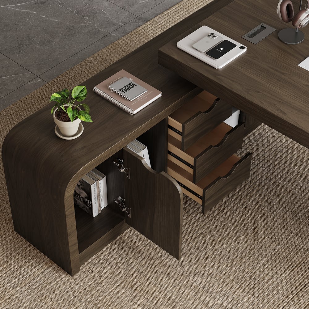 Chicent 71'' L-shaped Smoked Brown Computer Desk with Cabinet Left Hand window image