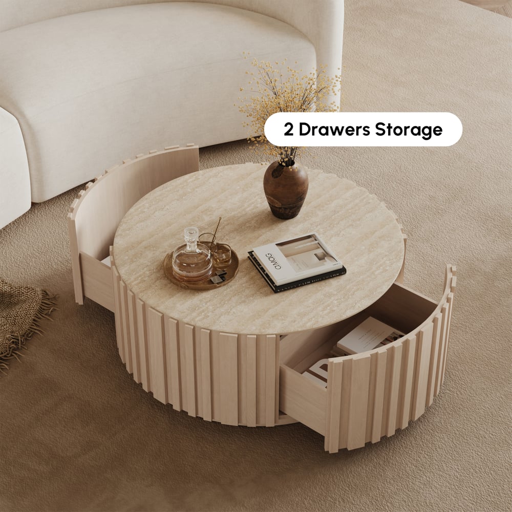 Aura 35" Round Washed White Slatted Sintered Stone Coffee Table with 2 Drawers window image
