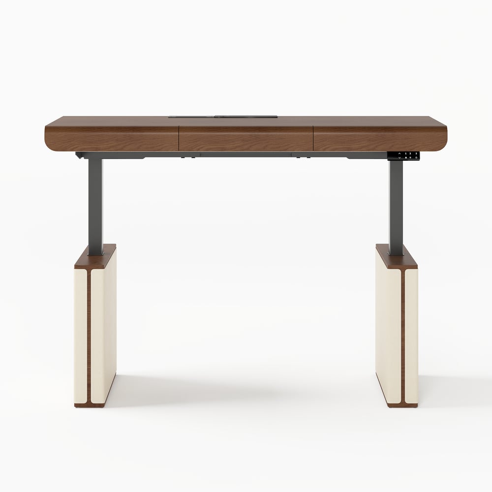 160 cm Height Adjustable Electric Standing Desk with Walnut Top and Leather-Wrapped Legs window image