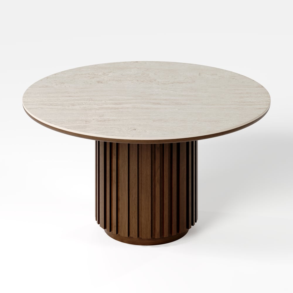 Aura 47" Faux Travertine Round Dining Table with Sintered Stone Top, Seats 4 window image