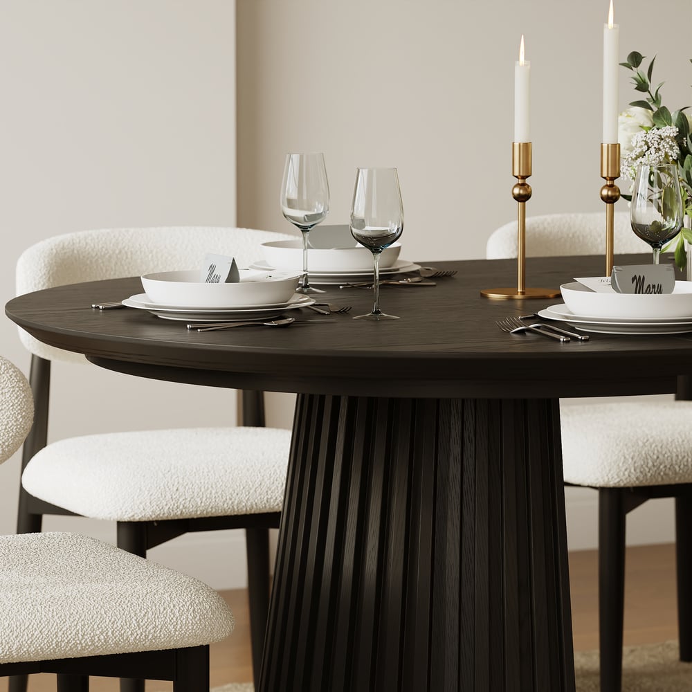 Modern 47"-79" Extendable Black Wood Dining Table with Fluted Base, Seats 4-6 window image
