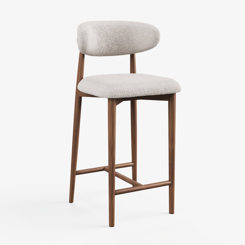 Modern Walnut Boucle Bar Stool with Wooden Legs, 1 Piece window image