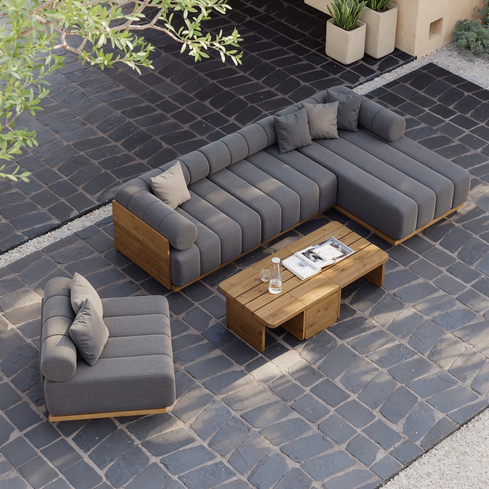 Ensemble de canapé modulaire d'extérieur 7 pièces Resaro en teck naturel avec dossier cannelé gris foncé image de fenêtre