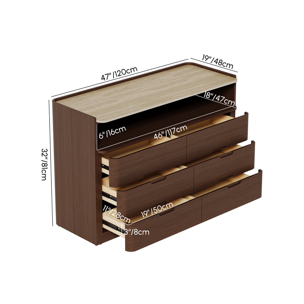 Arvona 47" 6-Drawer Walnut Chest of Drawers with Sintered Stone Top weights dimensions image