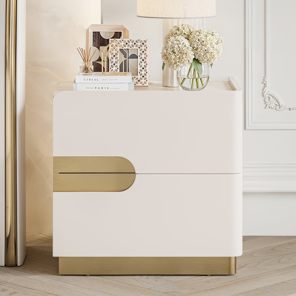 Table de chevet intelligente de 20" à 2 tiroirs avec plateau en pierre frittée et station de charge image de fenêtre