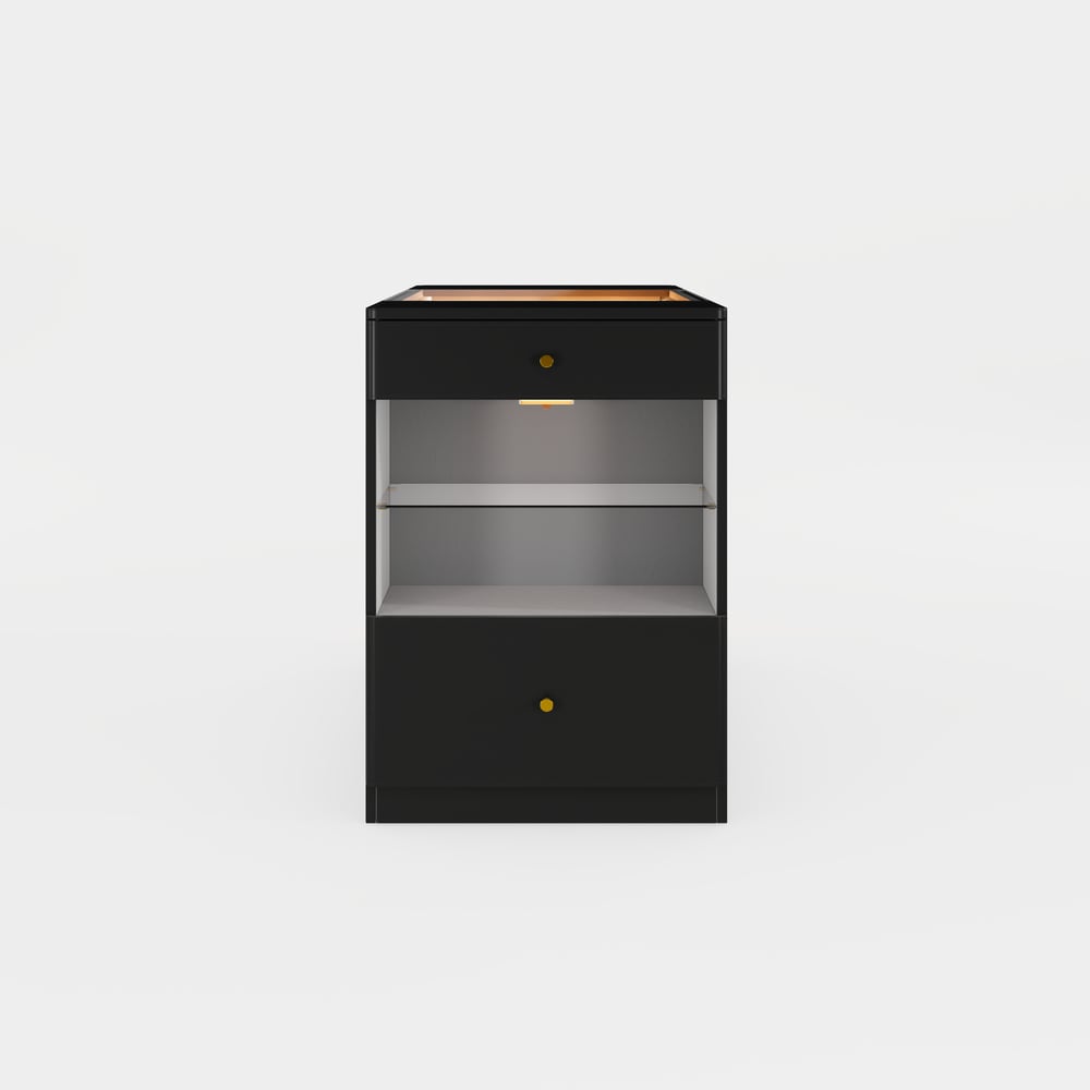Selvo Saddle Leather Black Closet Island with Storage, Light and Jewelry Display window image