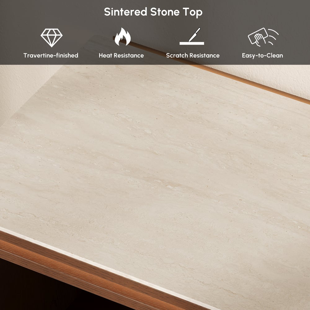 71"-108" Extendable Walnut TV Stand with Sintered Stone Top & Cabinets window image