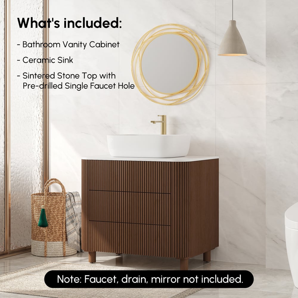 80cm Fluted Freestanding Bathroom Vanity with Vessel Sink, 3-Drawers, Sintered Stone top window image