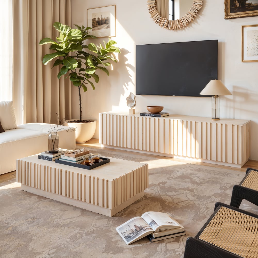 Aura 47" Ash Wood Slatted Coffee Table with Sintered Stone Top window image