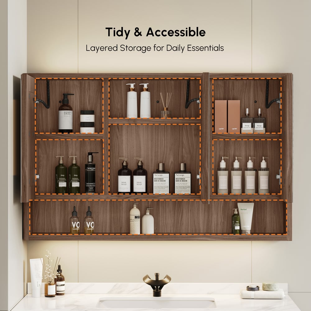 39" Walnut LED Medicine Cabinet with Adjustable Lighting, Demister and Digital Clock window image