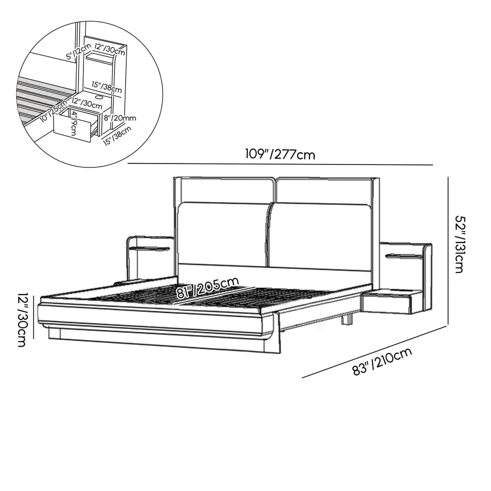 King Solid Wood Bed with Leather Extended Headboard & Floating Smart Nightstand Set weights dimensions image