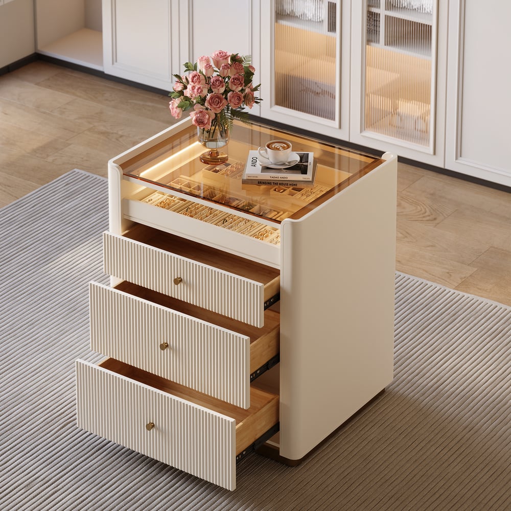 Modern 29.5" Fluted Leather Closet Island 7 Drawer Dresser with Light & Jewelry Storage window image