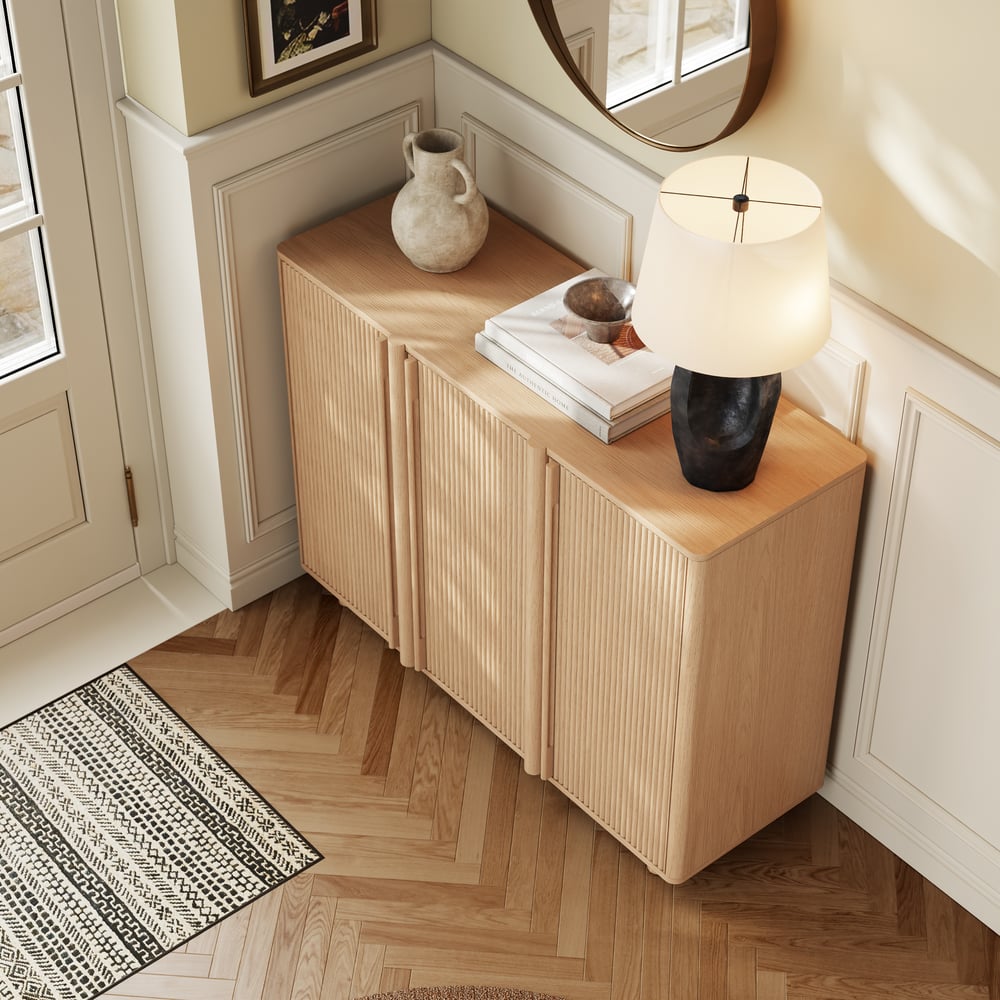 Lineva 48" Ash Wood Veneer Shoe Storage Fluted Entryway Cabinet window image