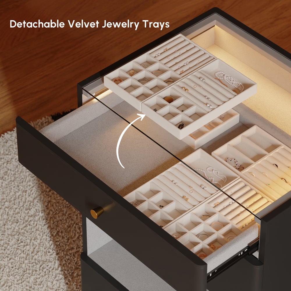 Selvo Walk-In Closet Island Jewelry Dresser with Glass Top & Light window image