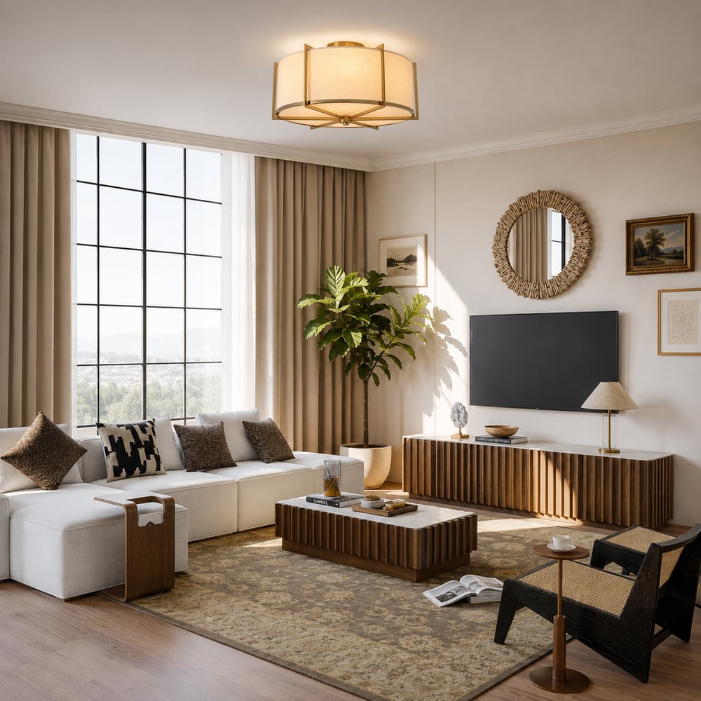 18" Fabric Flush Mount Light in Gold Finish, 3-Light window image